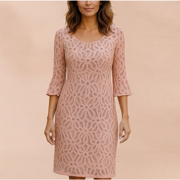 Empire Midi Dress 16 Pink Lace Overlay Bell Sleeve Event Bridal Party Fairy Boho - Picture 1 of 15